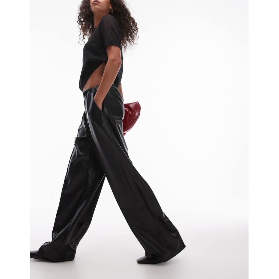 Topshop Joggingbroek met naden en wijde pijpen van imitatieleer in zwart Zwart
