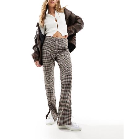 JDY Broek met splitjes in geruit bruin