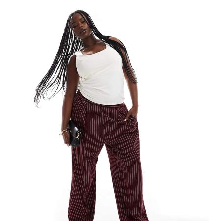 ASOS DESIGN Curve Basic gestreepte broek met elastische taille in bordeauxrood-Veelkleurig