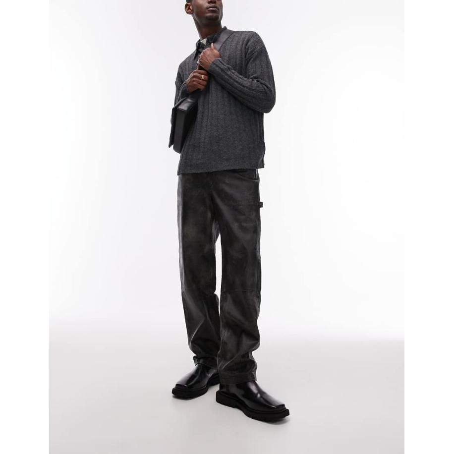 Topman - Premium - Rechte broek van distressed leer in zwart Zwart