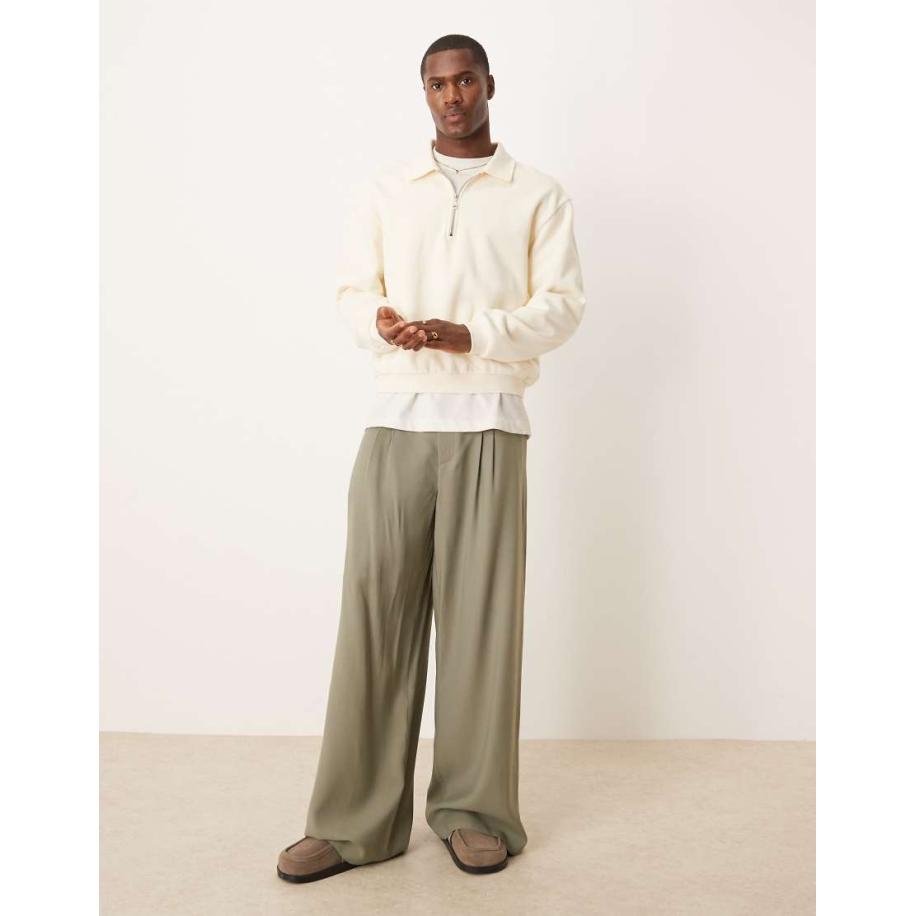 ASOS DESIGN - Nett sSlim-fit broek met losse pijpen en dubbele bestikte plooi in kaki-Groen Groen