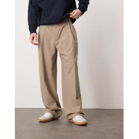 ASOS DESIGN - Nette broek met wijde pijpen en diepe plooien in stone-Neutraal