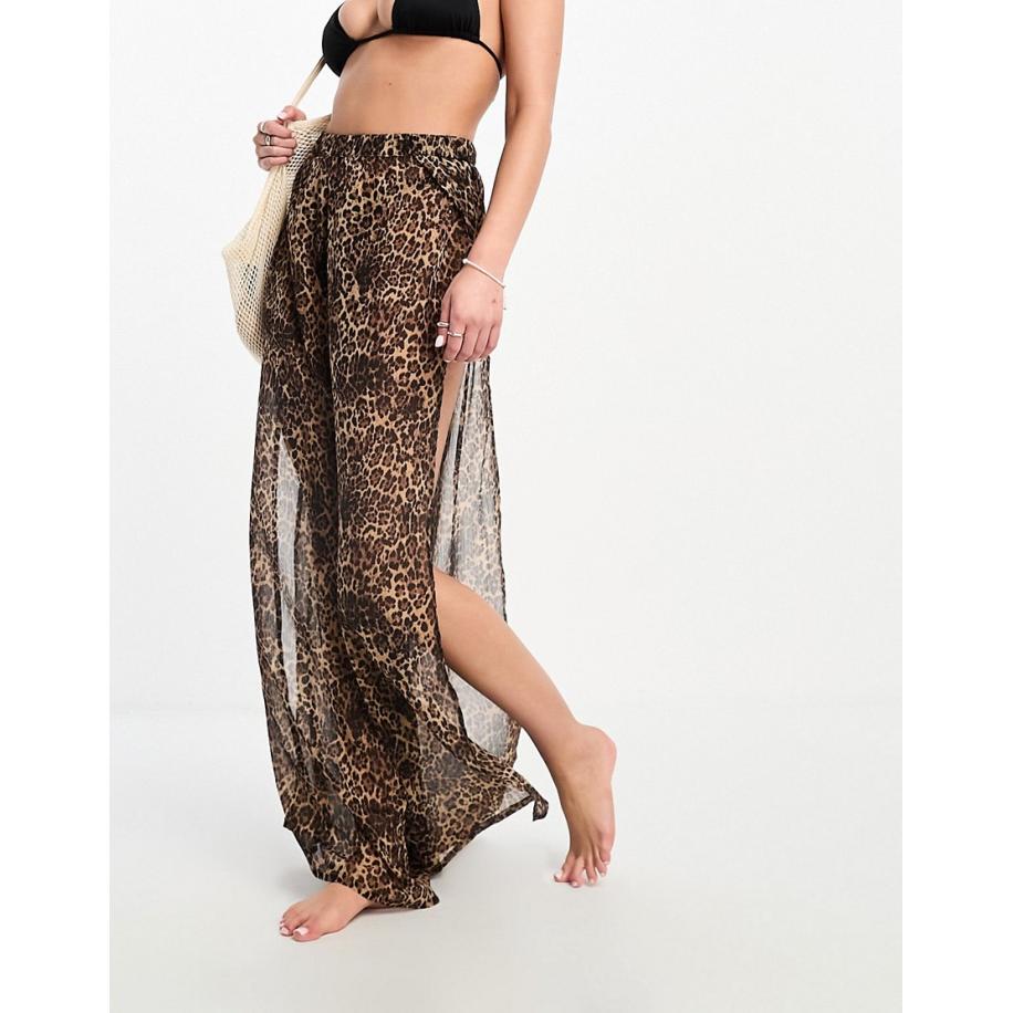 Miss Selfridge Strandbroek van chiffon met wijde pijpen en zijsplitten in luipaardprint-Veelkleurig Multicolor