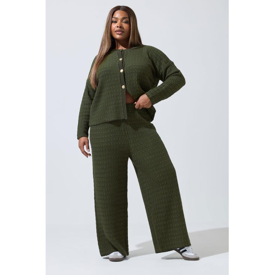 Limited Collection Curve Khaki Groene Bouclé Wijde Broek Size 54-56 Groen