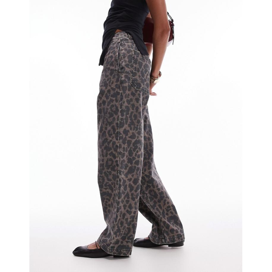 Topshop Broek met rechte pijpen en donkere luipaardprint in multi-Bruin Bruin