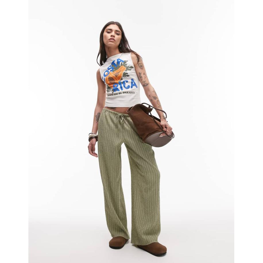 Topshop Gestreepte broek van kreukelstof met wijde pijpen en lage taille in groen Groen