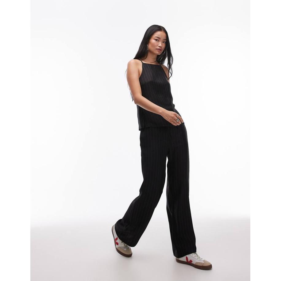 Topshop Broek van satijn met trekkoord en krijtstreep in zwart Oranje