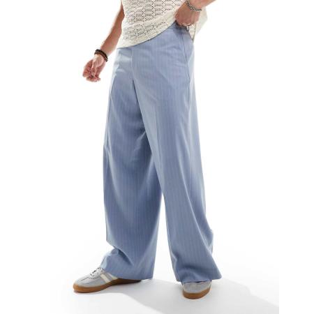 ASOS DESIGN - Nette broek met wijde pijpen en krijtstreep in lichtblauw