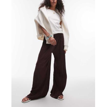 Topshop Broek van kreukelstof met wijde pijpen in bordeauxrood
