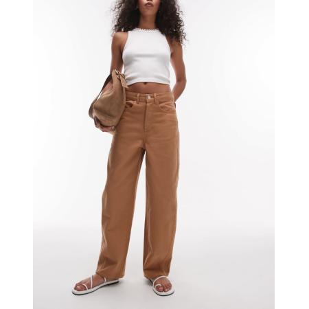 Topshop Ruimvallende broek met wijde ronde pijpen en naaddetail in lichtbruin-Wit