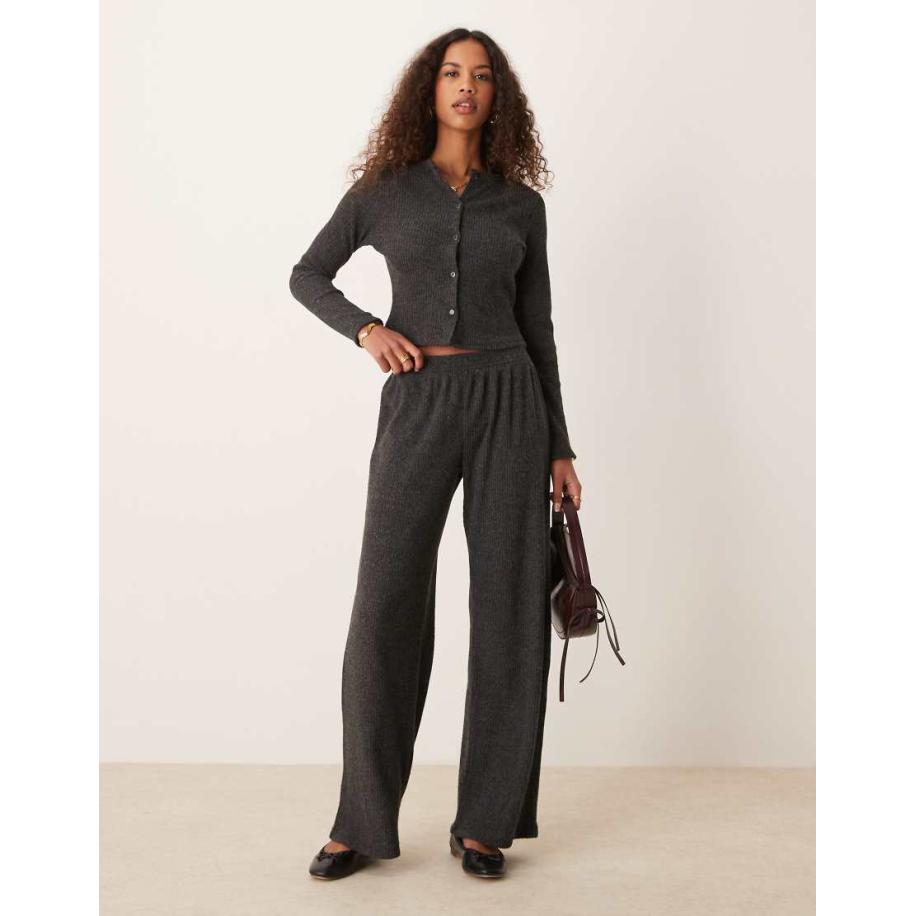 Miss Selfridge Geribbelde broek met wijde pijpen-Grijs Grijs