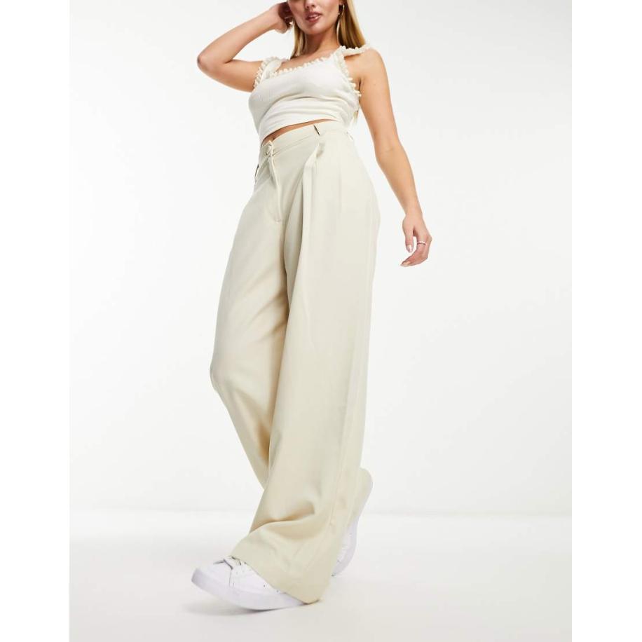 Monki Elegante broek met wijde pijpen en hoge taille in beige-Neutraal Multicolor
