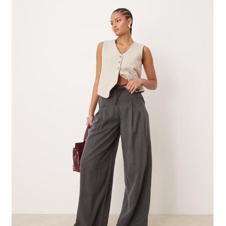 ASOS DESIGN Tall Geplooide broek met wijde pijpen en strikje in grijs
