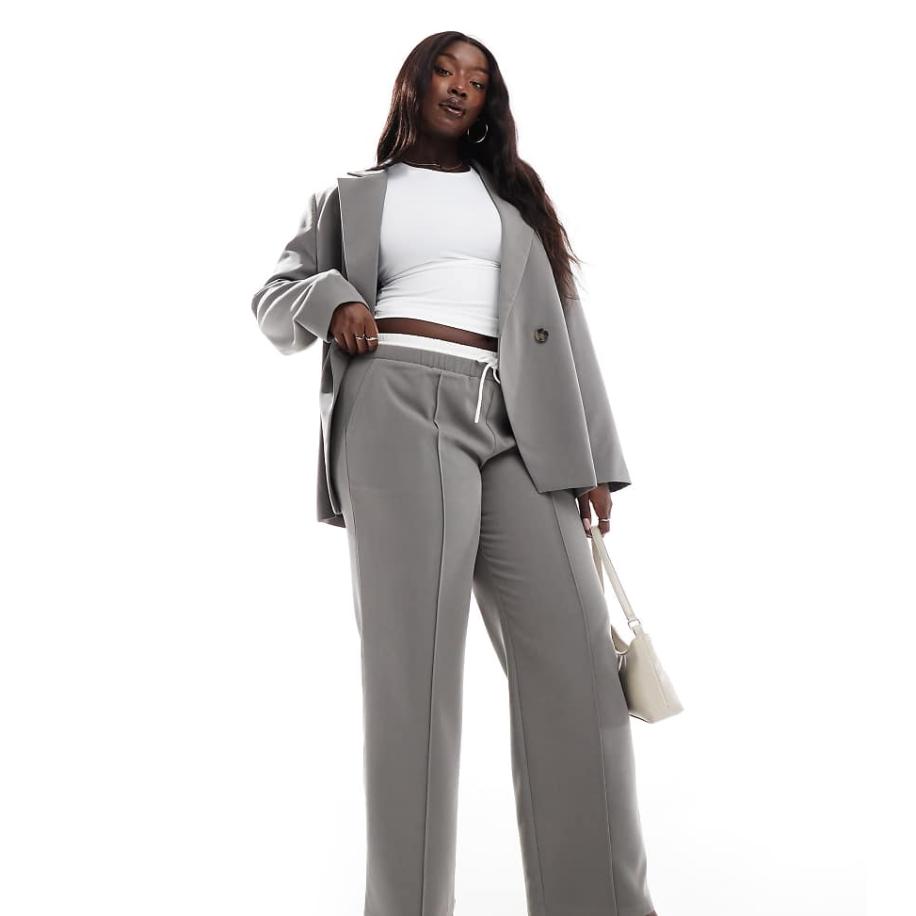 4th & Reckless Plus Exclusives Getailleerde broek met rechte pijpen, trekkoord en contrasterende tailleband in antraciet, deel van co-ord set-Grijs Grijs