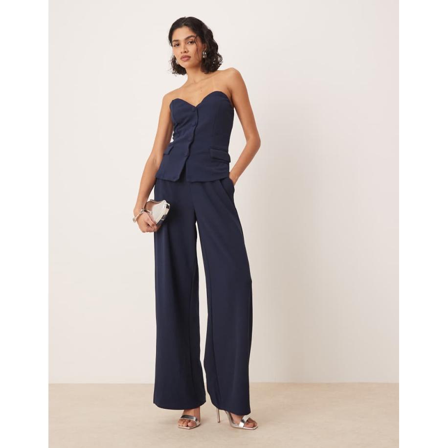 VILA Jersey broek met wijde pijpen en structuur in marineblauw,, deel van co-ord set Blauw