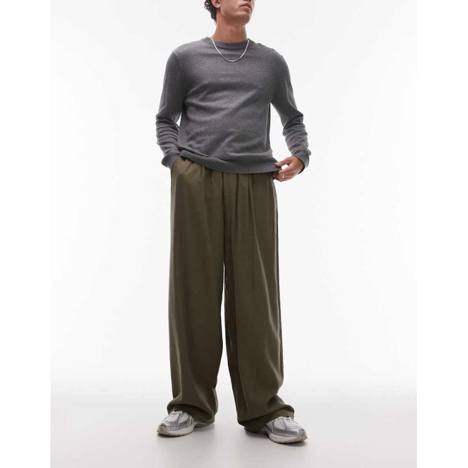 Topman - Ruimvallende broek van linnenmix in kaki-Groen Groen