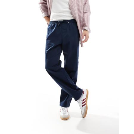 ASOS DESIGN - Chino's met rechte pijpen en elastische taille met trekkoord in marineblauw
