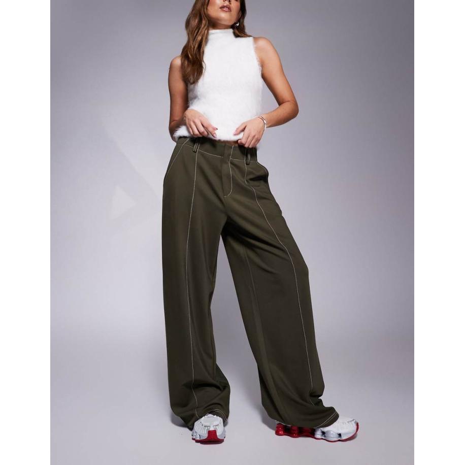 ASOS DESIGN Broek met wijde pijpen en contrasterende stiksels in groen Groen
