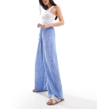 Stradivarius Broek met superwijde pijpen en linnenlook in chambray blauw