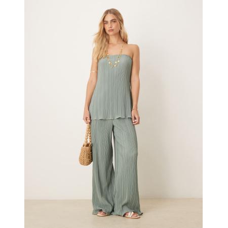 YAS Plissé broek met wijde pijpen en omgerolde zoom in zachtgroen, deel van co-ord set