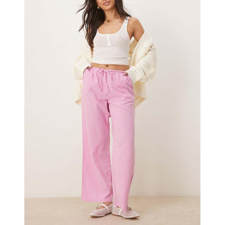 Gina Tricot Broek van linnenmix met wijde pijpen en trekkoord in roze Roze