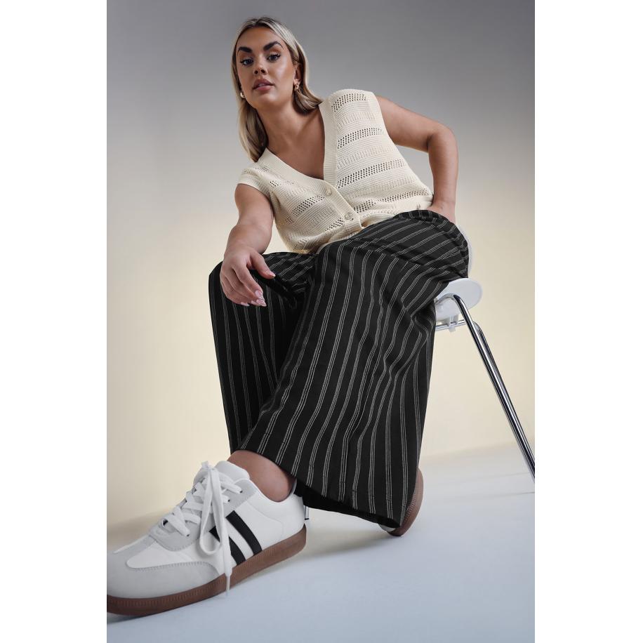 Yours Broek Met Krijtstreep, Wijde Pijpen En Elastische Taille In Zwart Size 54-56 Zwart