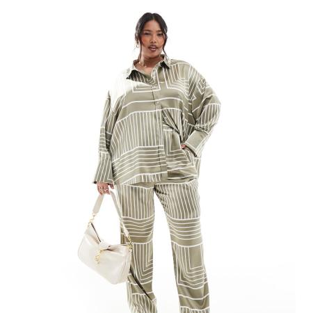 4th & Reckless Plus Satijnen broek met wijde pijpen in saliegroen met print, deel van co-ord set-Veelkleurig