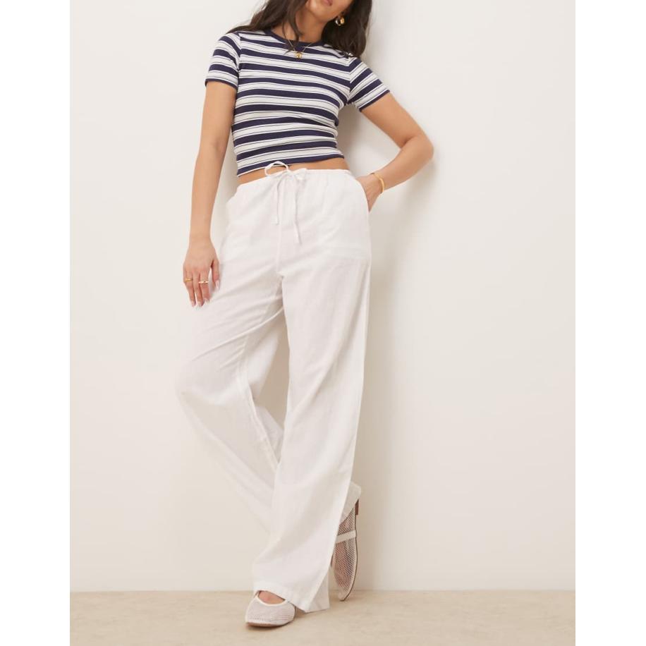 Gina Tricot Broek van linnenmix met wijde pijpen en trekkoord in wit Wit