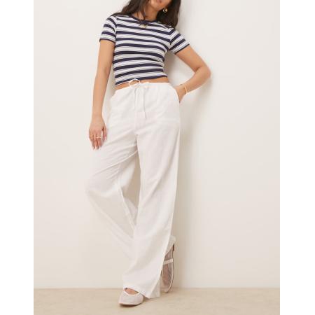 Gina Tricot Broek van linnenmix met wijde pijpen en trekkoord in wit