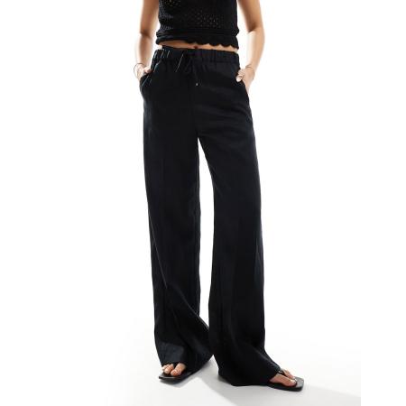 Mango Linnen broek met trekkoord in zwart