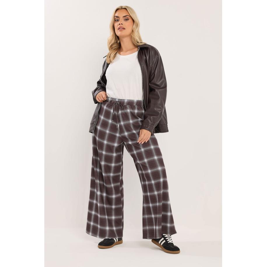 Yours Chocoladebruine Geruite Crêpe Broek Met Wijde Pijpen Size 58-60 Bruin