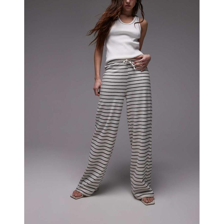 Topshop Broek met trekkoord, streep en wijde pijpen in ecru-Wit Wit