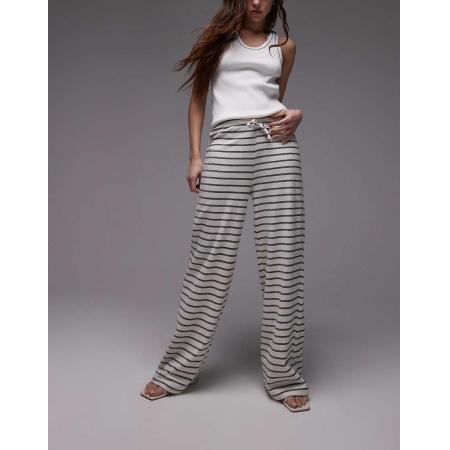 Topshop Broek met trekkoord, streep en wijde pijpen in ecru-Wit