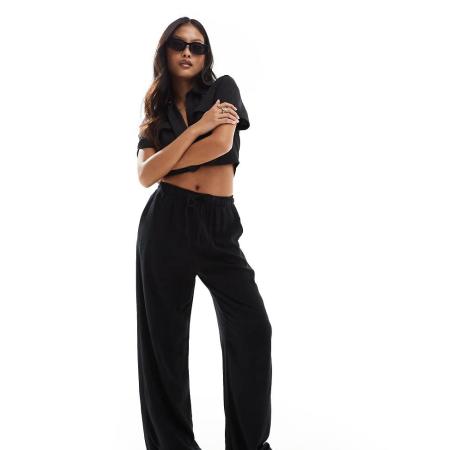 Stradivarius Petite Broek met linnenlook en elastische taille in zwart