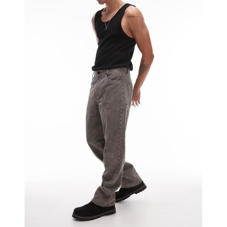 Topman - Premium - Suède rechte broek met studs in grijs Grijs