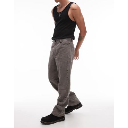 Topman - Premium - Suède rechte broek met studs in grijs
