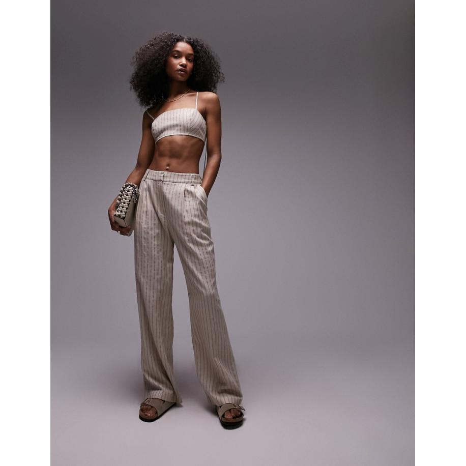 Topshop Gestreepte linnen broek in ecru-Wit Wit