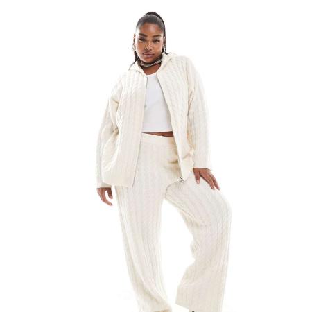 4th & Reckless Plus Gebreide broek van wolmix met wijde pijpen en kabels in crème, deel van co-ord set-Wit