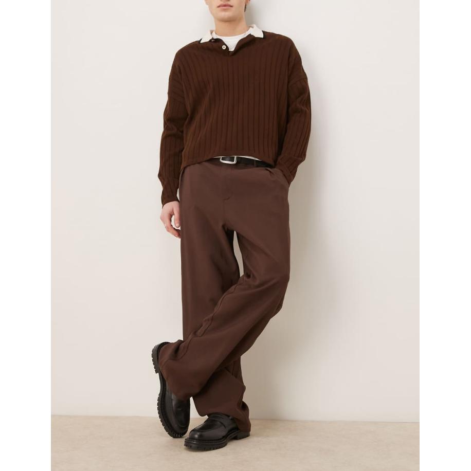 ASOS DESIGN - Nette broek met wijde pijpen en plooien in bruin-Marineblauw Blauw