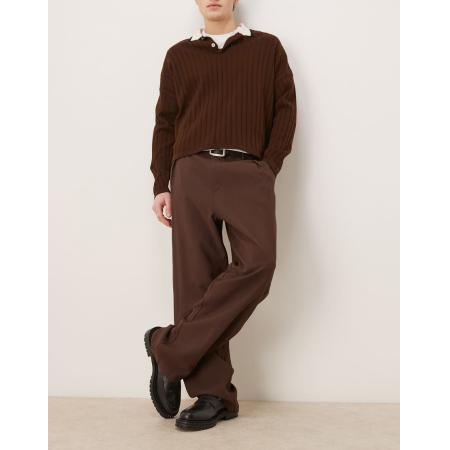 ASOS DESIGN - Nette broek met wijde pijpen en plooien in bruin-Marineblauw