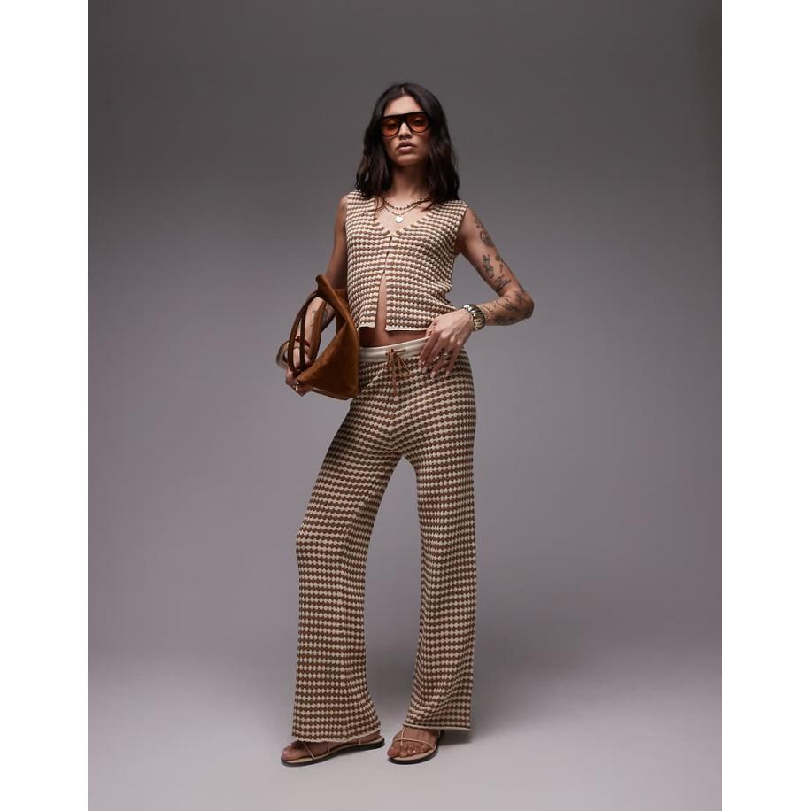 Topshop Gebreide broek met ruitprint, deel van co-ord set-Bruin Bruin