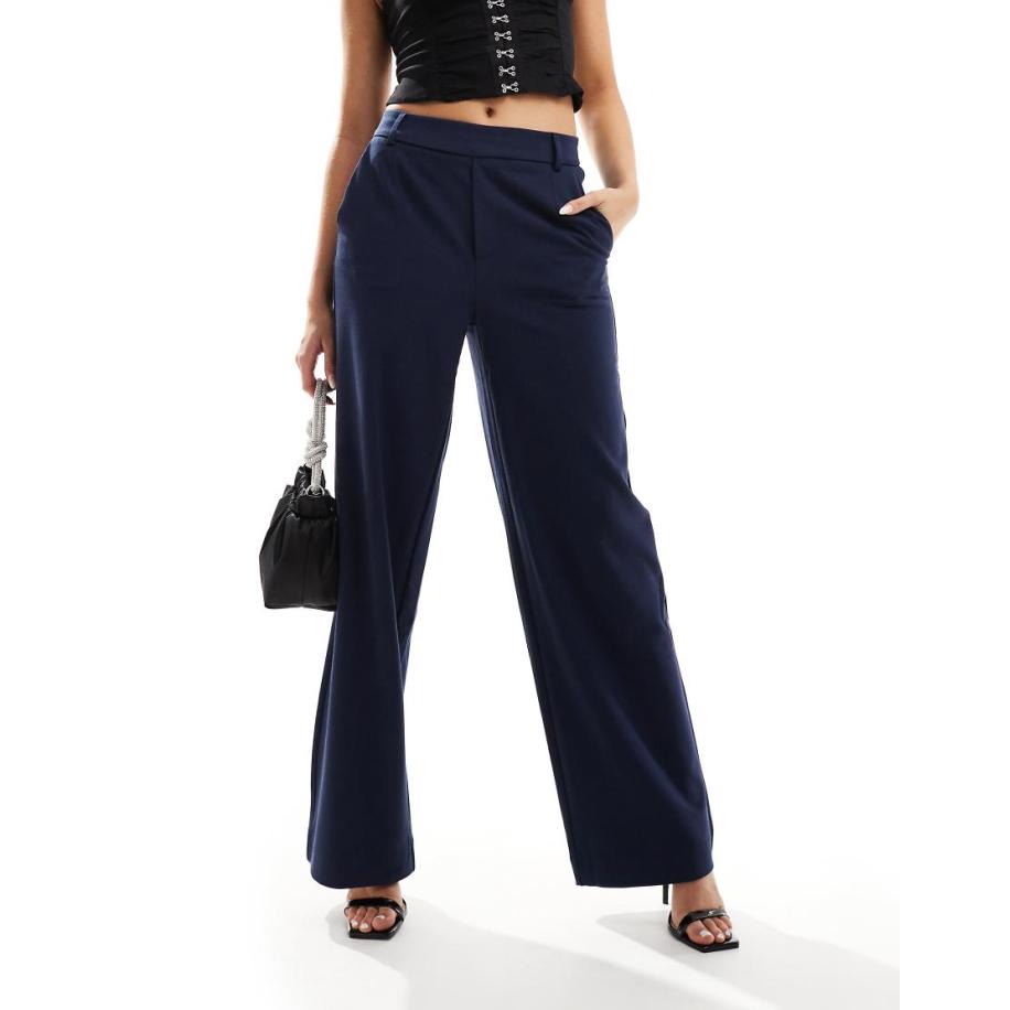 Vila Broek met wijde pijpen en hoge taille in marineblauw Blauw