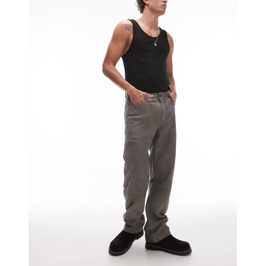 Topman - Premium - Rechte broek van suède in grijs Grijs