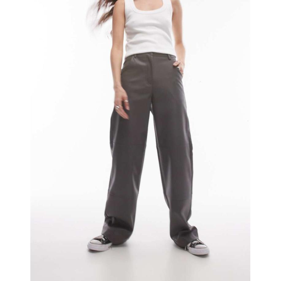 Topshop Broek van imitatieleer met rechte pijpen en naaddetail in grijs Grijs