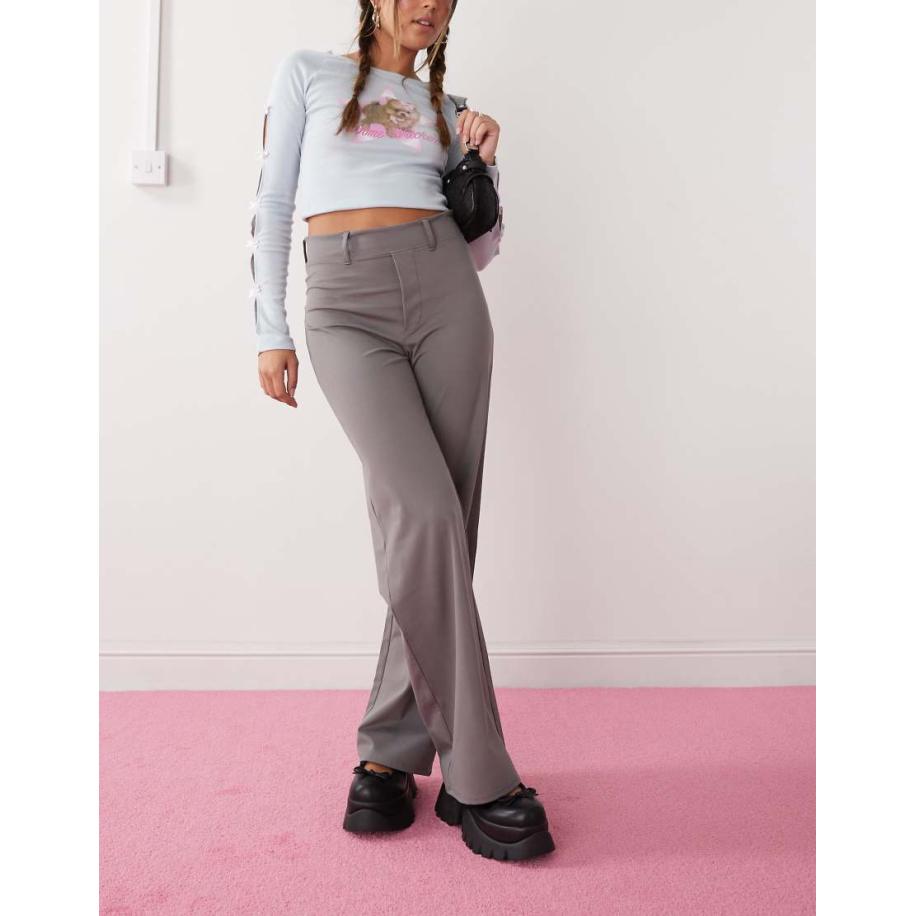 Monki Broek met rechte pijpen, stretch en elastische taille in grijs Grijs