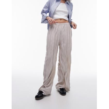 Topshop Plissé broek met wijde pijpen van kreukelstof in stone-Neutraal