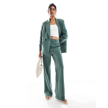 Vero Moda Elegante broek met wijde pijpen en visgraatmotief in donker bosgroen, deel van co-ord set