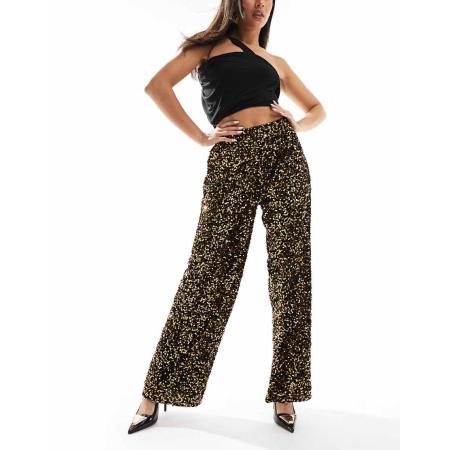 ASOS DESIGN Fluwelen broek met pailletten en elastische taille in goud-Zwart