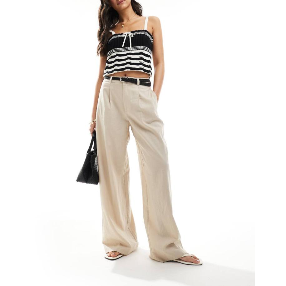 Stradivarius Broek met riem en linnenlook in naturel-Neutraal Multicolor