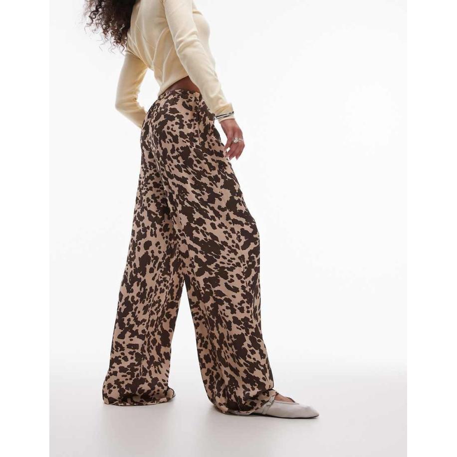 Topshop Satijnen broek met gestrikte taille en koeienprint-Veelkleurig Multicolor